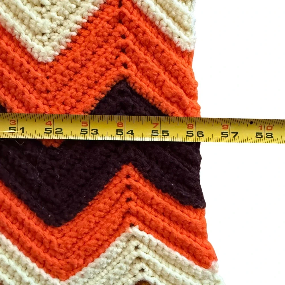 Vtg Crochet Afghan Blanket Zig Zag Chevron Orange Brown Cream Cottagecore Hippie